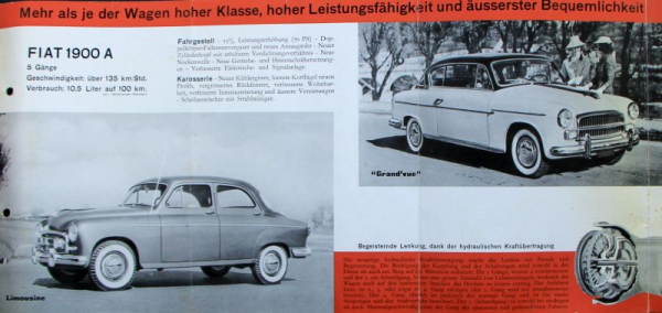 Fiat 1900 A Limousine Grand Vue Modellprogramm 1955 Automobilprospekt (10173)